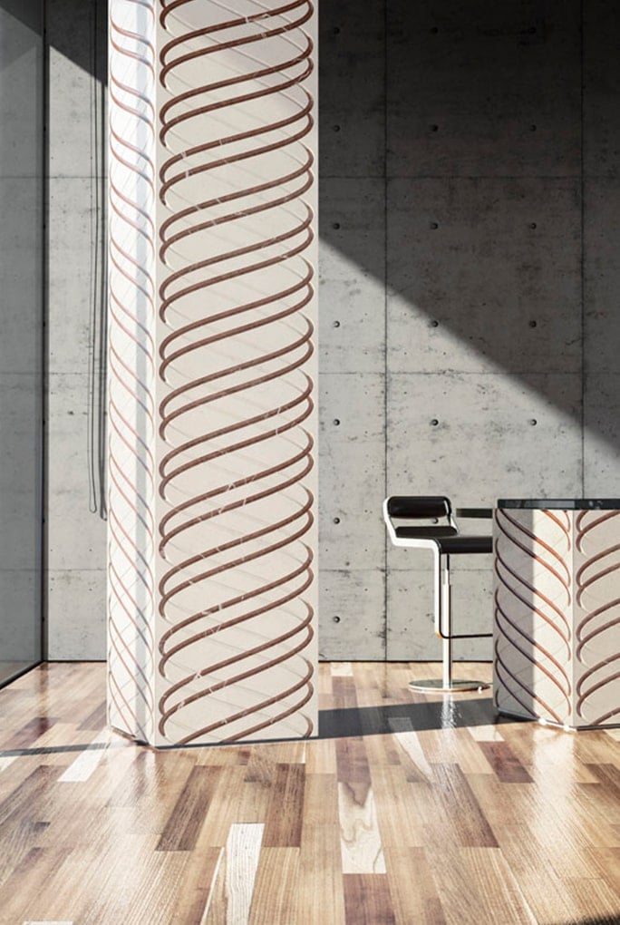 Twirl finish marbl in white and brown color with swirling patterns in the columns next to a kitchen.