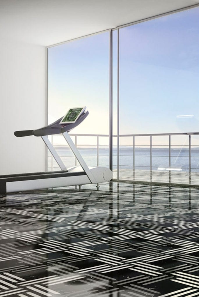 Weave finish marble in black and white color with woven patterns, on the floor of a gym.