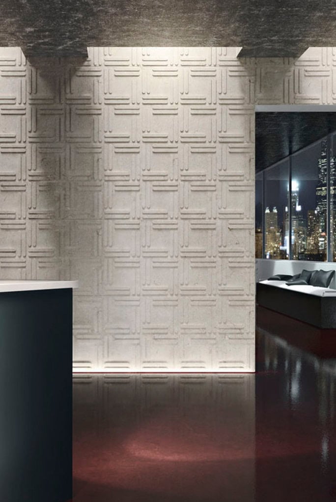 Weave finish marble in white color with woven patterns, on the wall of a house.