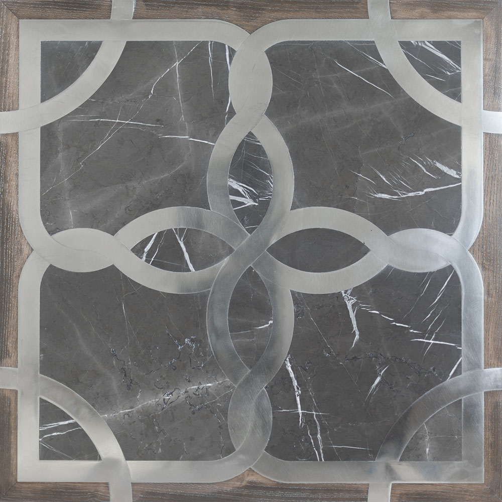Inlay mosaic wood finish with black and gray flower like patterns.
