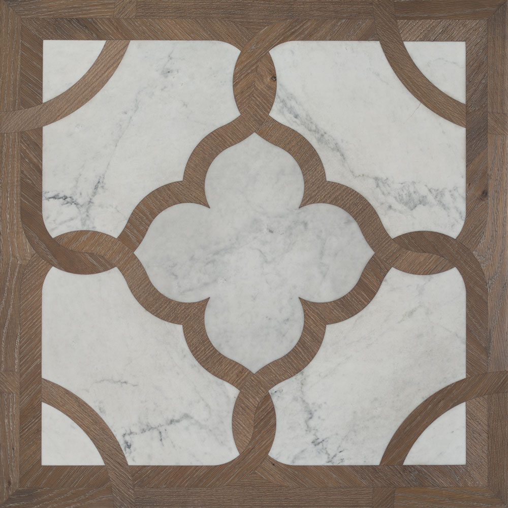 Inlay mosaics natural wood finish with white flower like patterns.