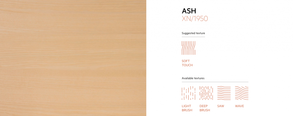 Ash material sample with light gray and brown grain patterns.