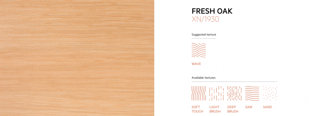 Fresh Oak material sample of wood with light brown and beige grain patterns.