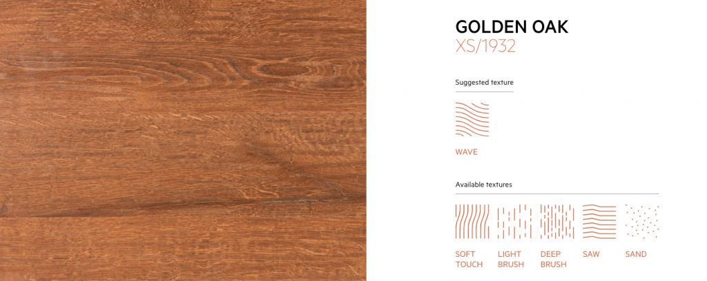 Golden Oak material sample of wood with warm golden and brown grain patterns.