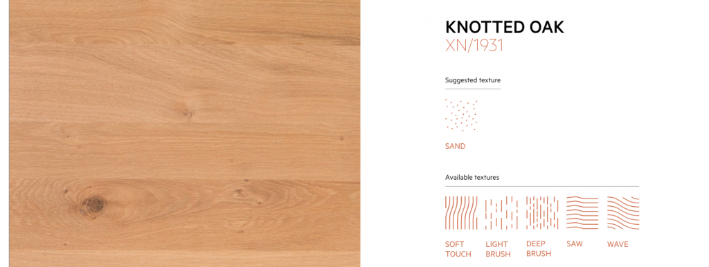 Knotted Oak material sample wood with prominent knots and grain patterns in brown tones.
