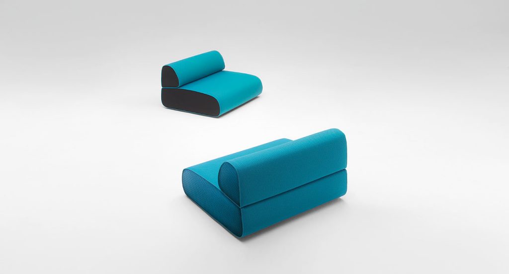 Two black and blue Ola Outdoor Sofas with backrest upholstery in fabric on a white background.