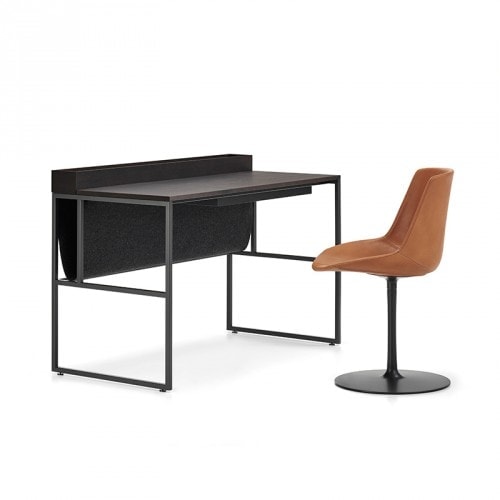 A Twenty Venti Home & Home Light desk, top in Anthracite oak, white steel frame and legs, desk has a drawer that can be accessed through a flap door on the desktop with hydraulic lift on a white background.