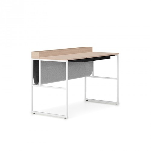 A Twenty Venti Home & Home Light desk, top in Bleached oak, white steel frame and legs, desk has a drawer that can be accessed through a flap door on the desktop with hydraulic lift on a white background.