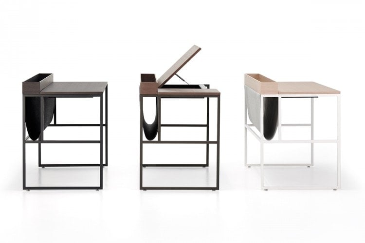 Three of Twenty Venti Home & Home Light desk, top in oak, steel frame and legs, desk has a drawer that can be accessed through a flap door on the desktop with hydraulic lift on a white background.