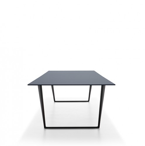 A Axy table, top and two legs in black aluminium on a white background.
