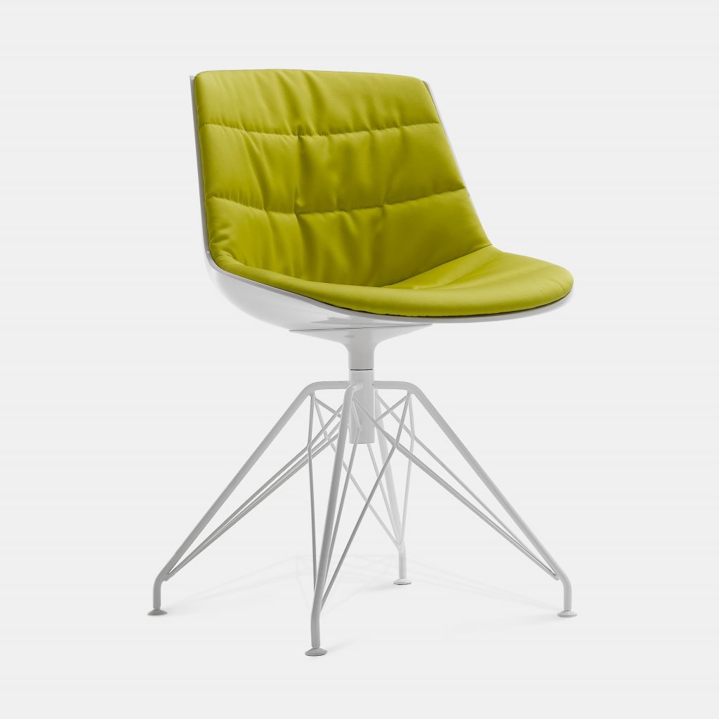 A yellow Flow Chair Padded with a white bottom on a white room background.