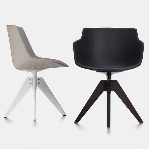 Two Flow leather chairs, one in canapa colour with four legged steel base in white colour and one in black with four legged steel in black colour on a white background.
