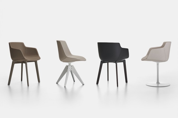 Four Flow Leather, one in ardesia colour with four leg cross base colour mud brown, one in caolino colour with four legged steal base colour matt white, one in black colour with legged cross base colour lead grey, one in colour pomice with a central leg colour white on a white background.