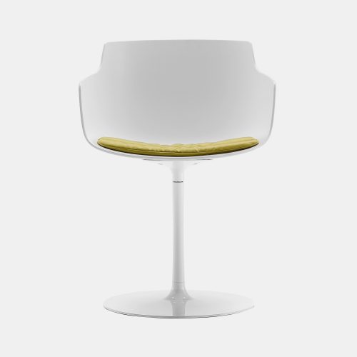 A white Flow Slim seat, with a green pad and a steel central leg on a white background.