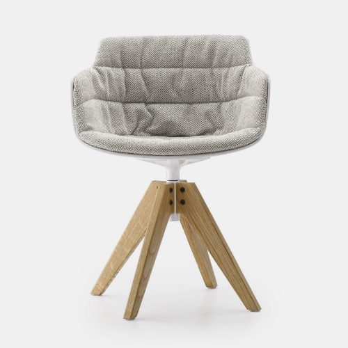 White Flow Slim Padded Chair, gray padding design with four natural oak legs on a white background.