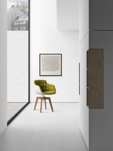White Flow Slim Padded Chair, green padding with four natural oak legs on a white background.