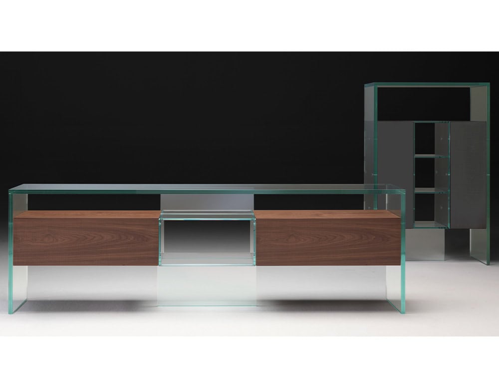 A contemporary Simplicity Sideboard featuring a glass frame with sleek wooden storage drawers, blending modern design with functional elegance.