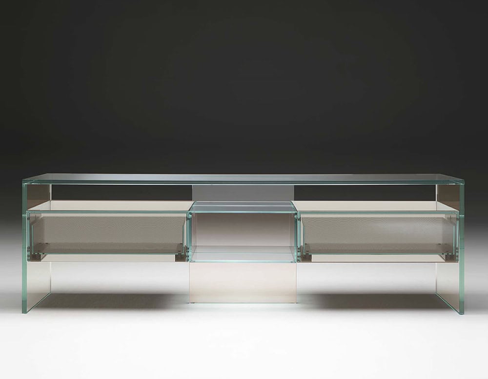 A sleek and modern Simplicity Sideboard with a transparent glass frame and minimalist storage compartments, offering a refined aesthetic for contemporary interiors