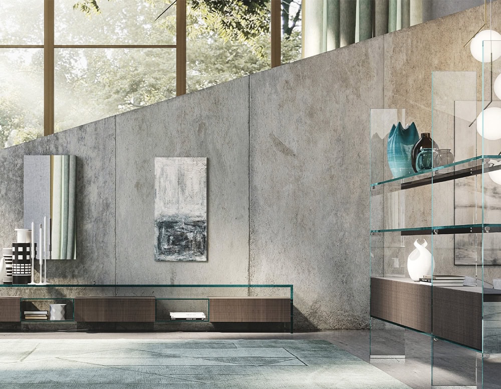 Modern interior featuring the Simplicity Sideboard, a minimalist glass and wood storage unit seamlessly integrated into a contemporary living space