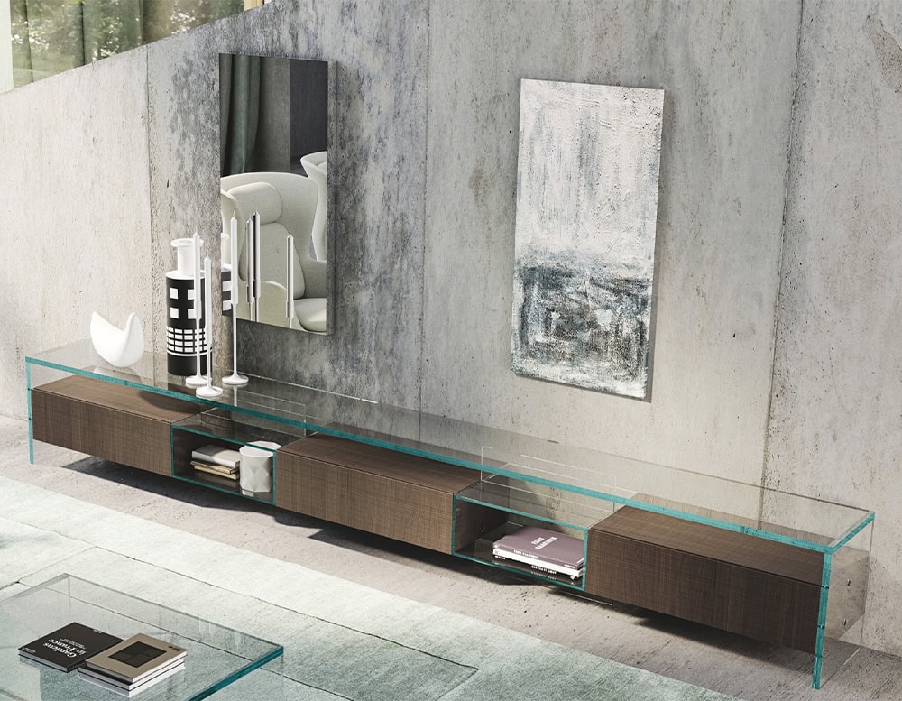 Simplicity Sideboard featuring a sleek glass top with wooden storage compartments, blending modern elegance with functional design