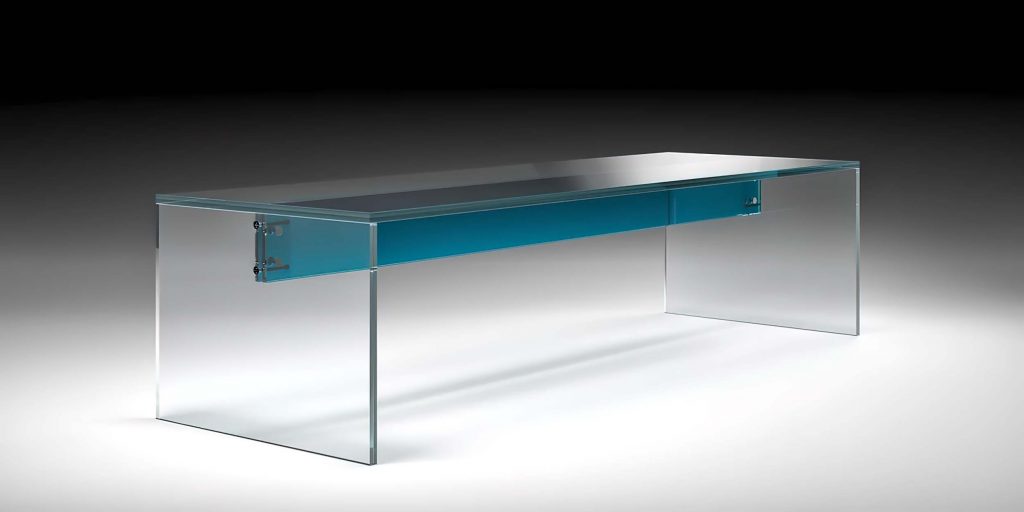 A modern glass table with a sleek, minimalist design featuring transparent panels and a striking blue accent. Its clean lines create a floating visual effect