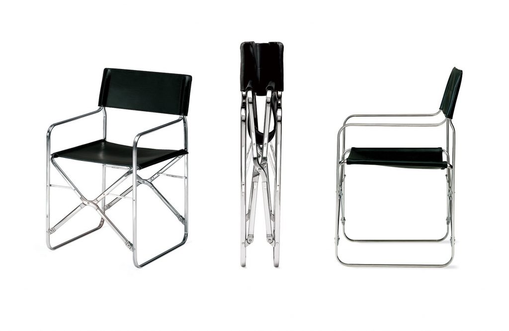 Three Folding chair. Back and seat in white leather. Silver metal structure on a white background.