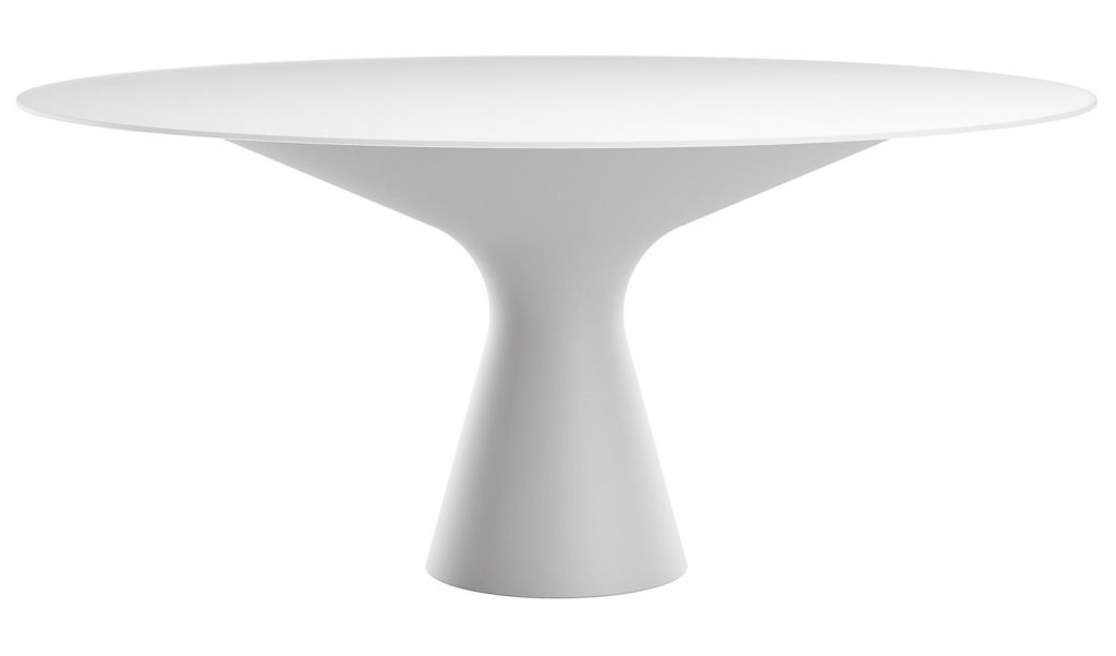 Blanco table with a round white top and wooden legs in a room on a white background.