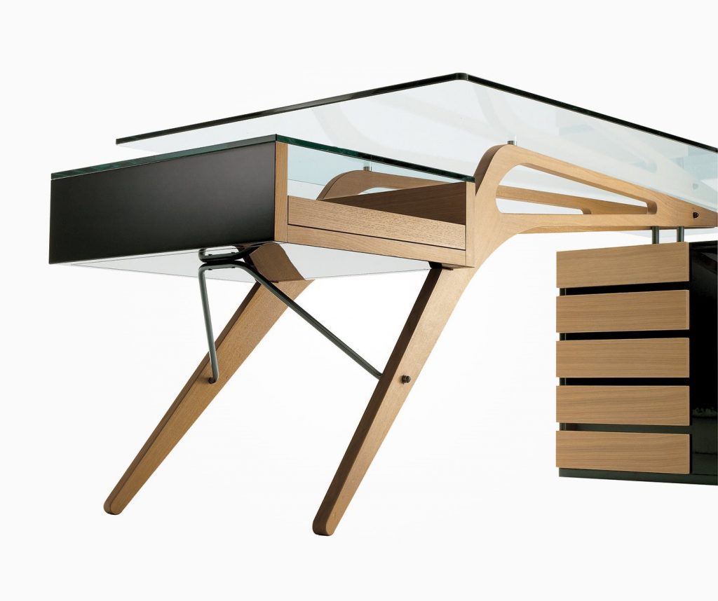 Rectangular Cavour desk. Top in cristal, structure, drawers and legs in natural wood on a white background.