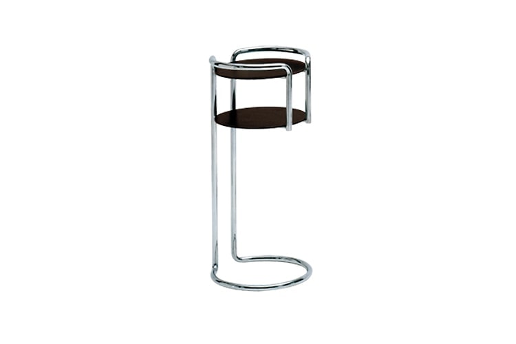 Chichibio side table. Two round coffee tops and central silver structure and leg on a white background.