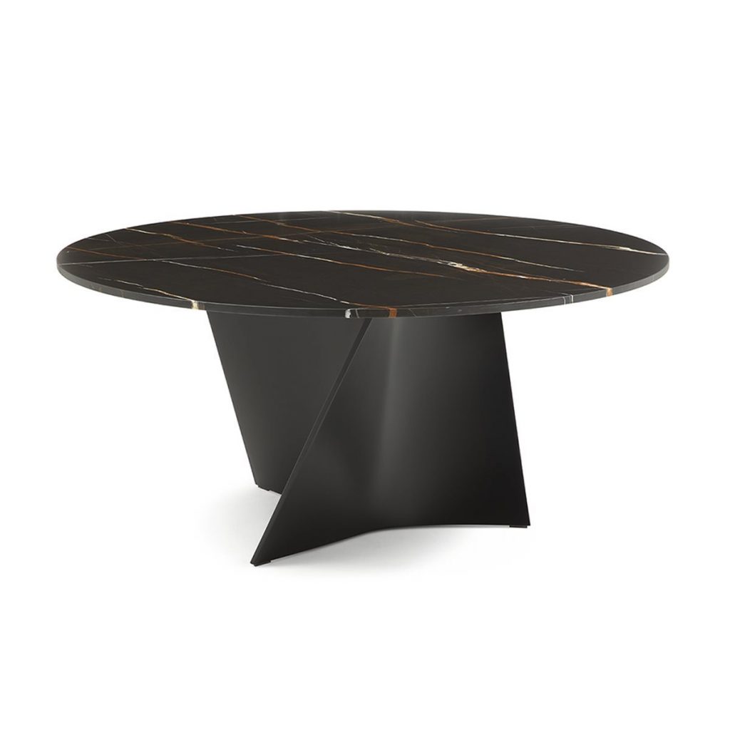 Closeup of Elica table, black top and central spiral like leg in black on a white background.
