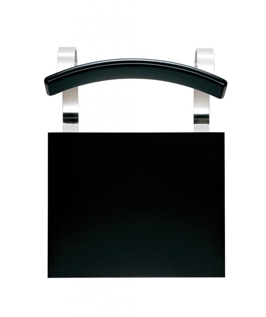 Follia chair with a unique design, featuring a silver metal frame. Backrest and structure with legs in black on a white background.