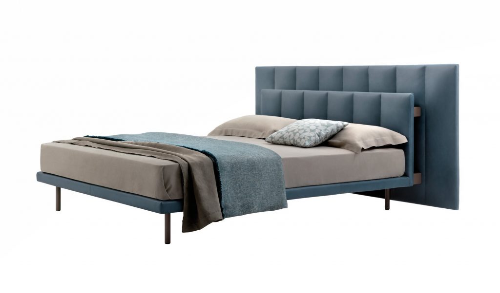 Grangala bed, Base and doble headboard in green with square pattern and four black legs on a white background.