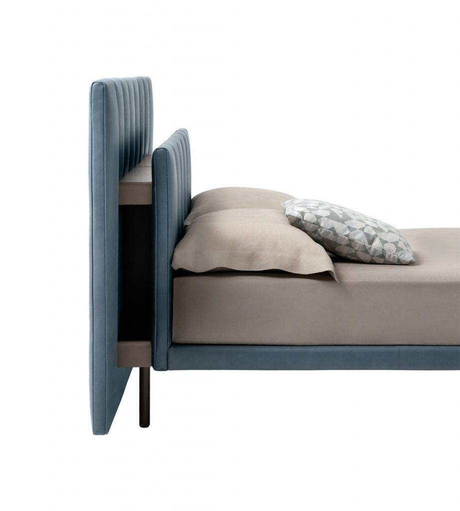 Grangala bed, Base and doble headboard in green with square pattern and four black legs on a white background.