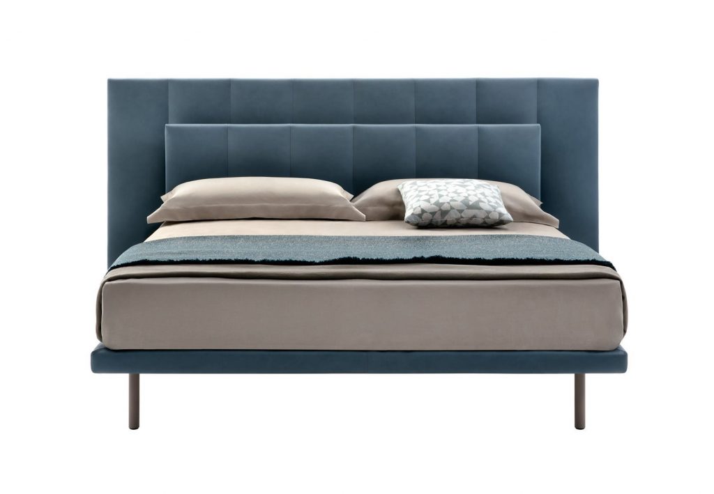 Grangala bed, Base and doble headboard in green with square pattern and four black legs on a white background.