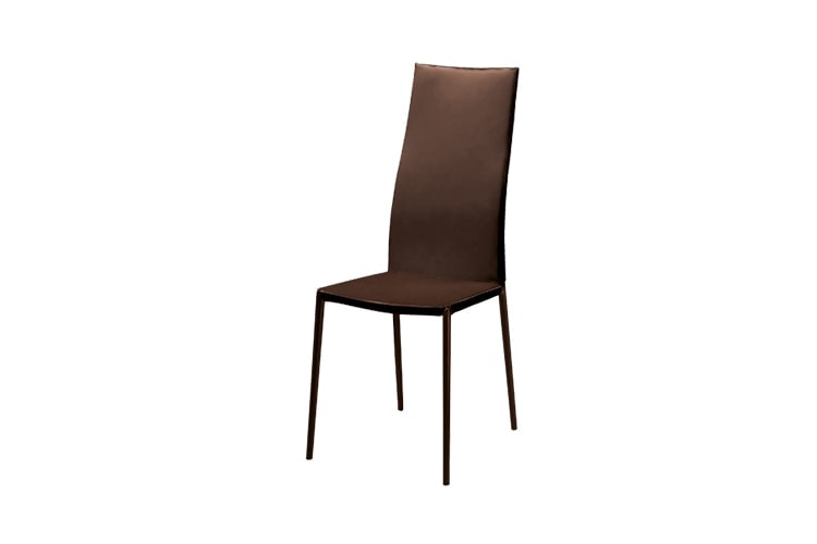 Lealta chair featuring a high backrest and a upholstered seat and backrest in brown fabric with four brown legs in a dining room.