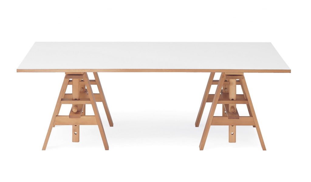 Square Leonardo table featuring a white wooden top and four wooden sturdy legs on a white background.