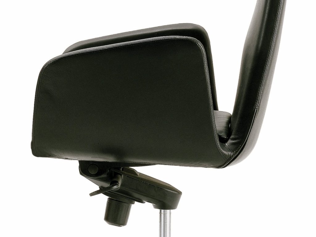 Closeup of Lord office chair featuring a high backrest, and a black upolstery with a steel five star leg on a white background.