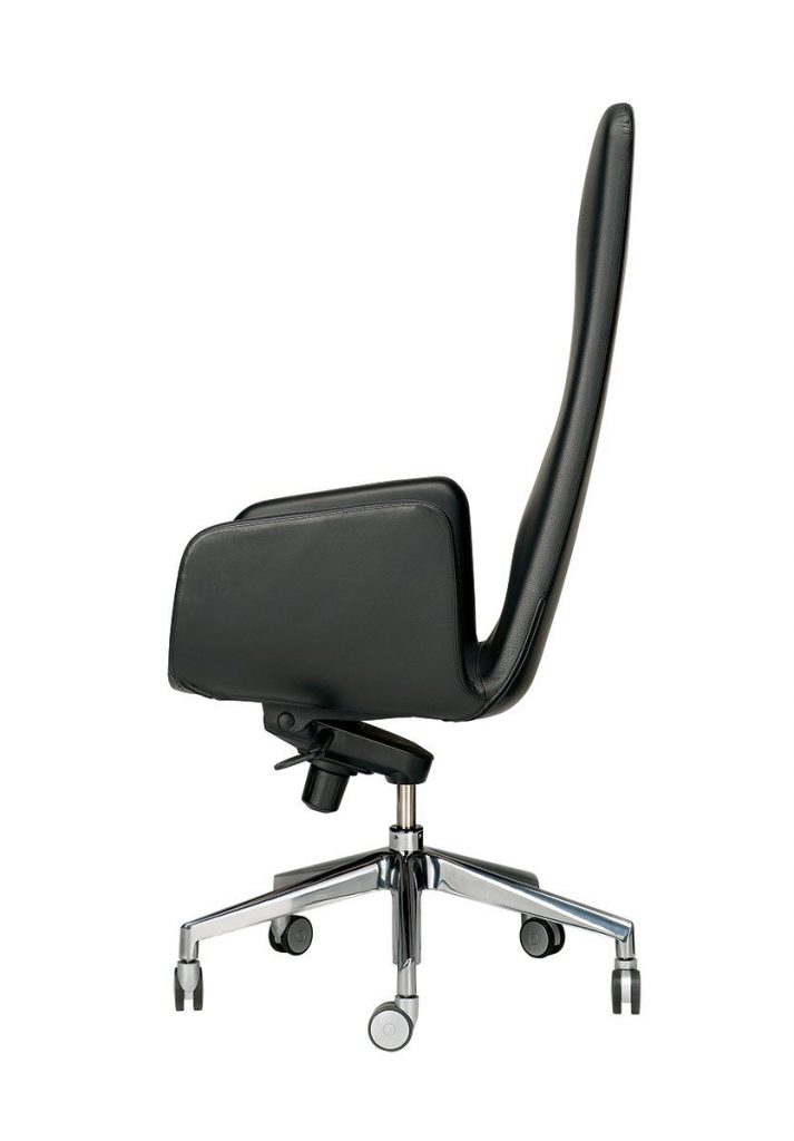 Closeup of Lord office chair featuring a high backrest, and a black upolstery with a steel five star leg on a white background.
