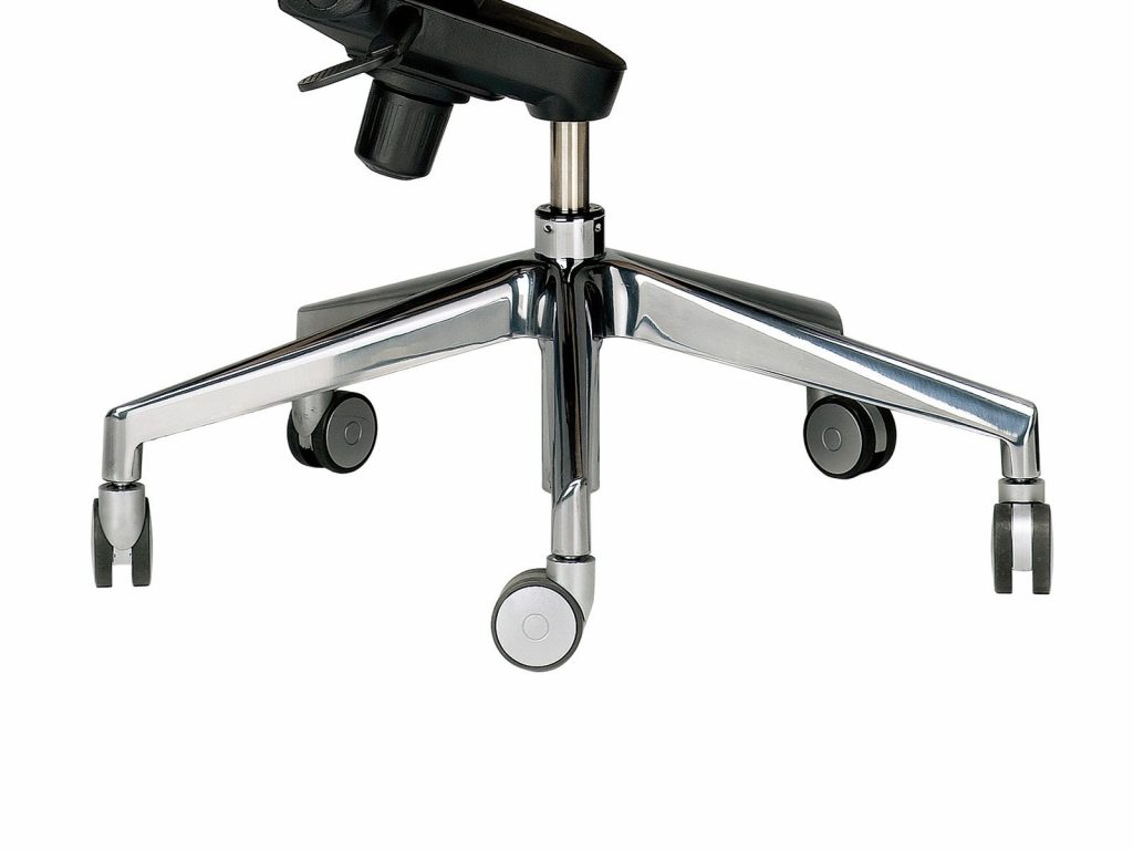 Closeup of Lord office chair featuring a steel five star leg on a white background.