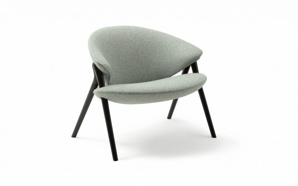 Oliva chair featuring a black frame and a gray upholstered seat and backrest on a white background.