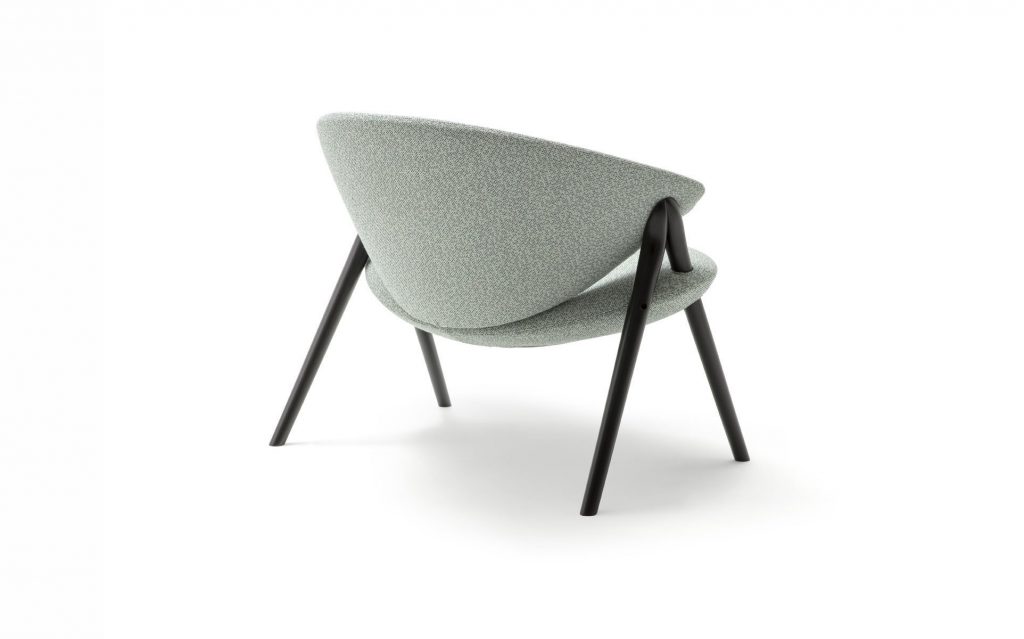 Oliva chair featuring a black frame and a gray upholstered seat and backrest on a white background.