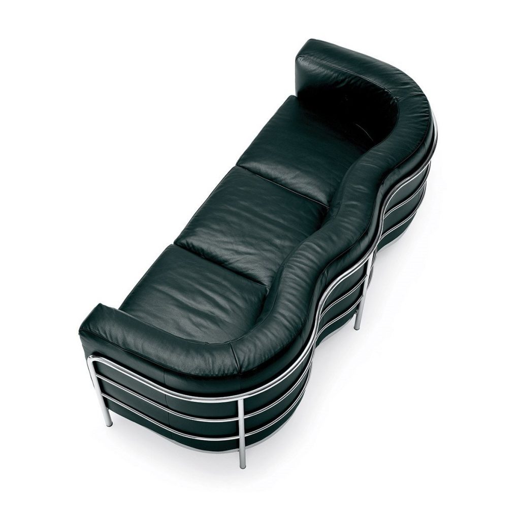 Onda sofa featuring a curved seat and backrest upholstered in a black fabric with a steel base on a white background.
