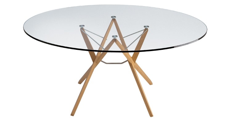 Orione table, plate glass top, frame in natural oak on a white background.
