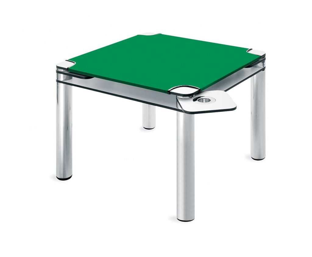 Poker table with a sleek black metal frame and green top fabric.