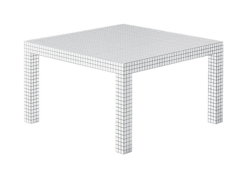 Quaderna 2600 console table with a geometric design and a white grid pattern on all surfaces on a white background..