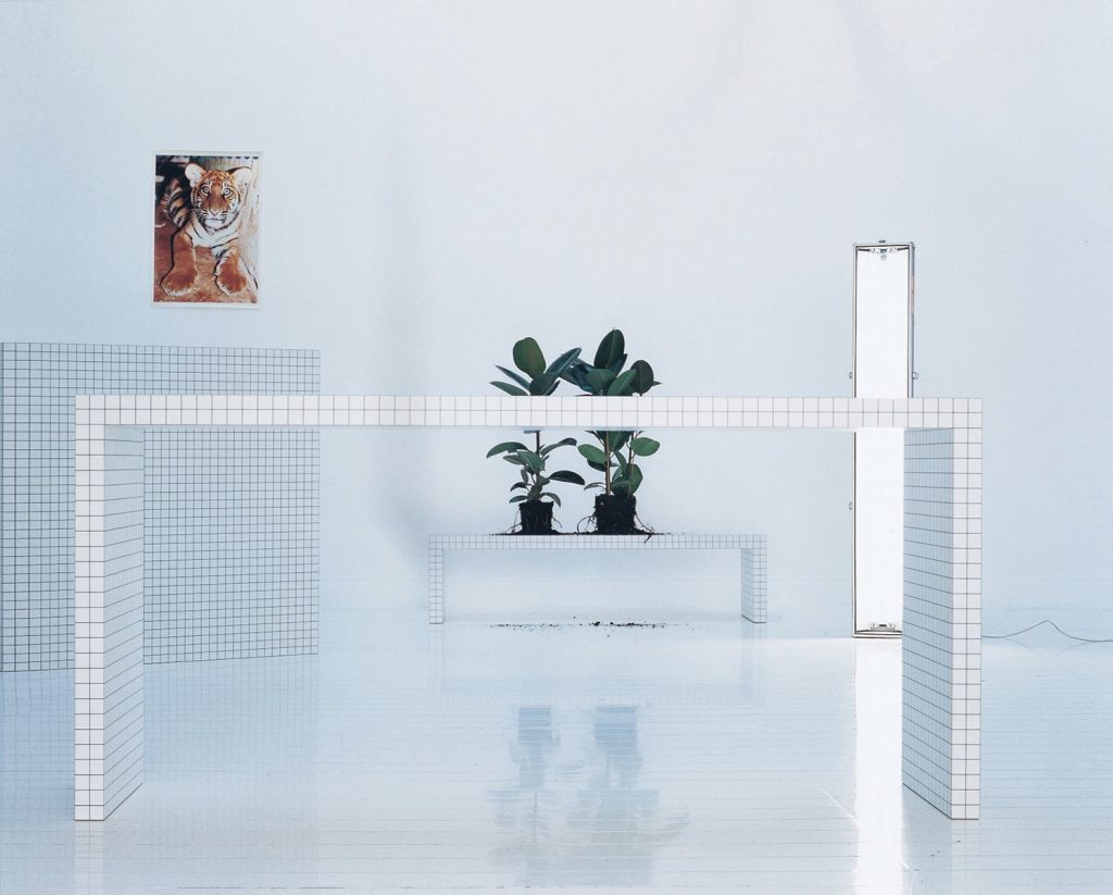 Quaderna 2830 table with a rectangle design, featuring a white grid pattern on all surfaces on a white background.