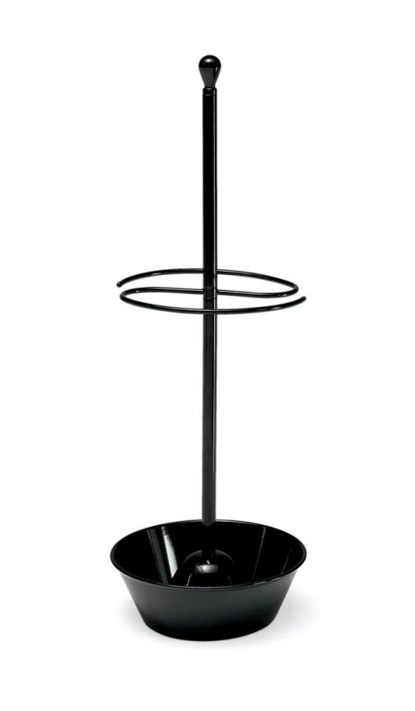 Servopluvio umbrella stand with a minimalist black metal frame and a circular base on a white background.