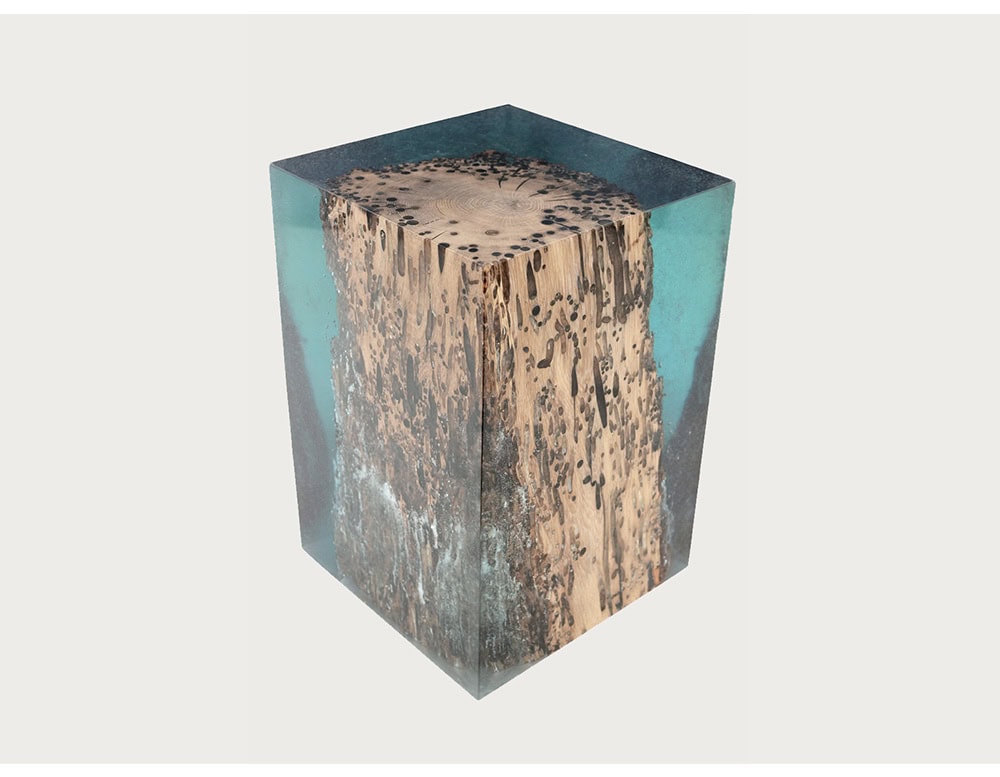 This Anchor Stool reveals intricate bark and grain details frozen in translucent resin, evoking the meeting of earth and water. A functional stool with the beauty of natural art.