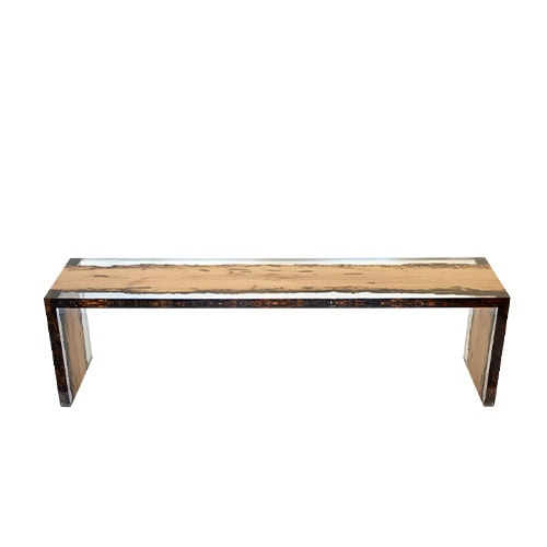 A contemporary bench featuring a sleek rectangular silhouette, crafted from natural wood encased in transparent resin. Its clean lines and raw textures blend modern design with organic character.