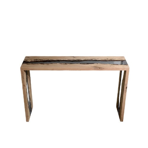 Console table crafted from natural wood and clear resin, with a striking dark vein running through the center. A refined blend of organic detail and modern design, perfect for entryways or living spaces.